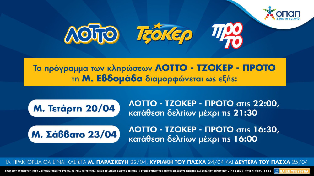 Τo πασχαλινό ωράριο λειτουργίας των καταστημάτων ΟΠΑΠ-Πότε θα γίνουν οι κληρώσεις ΤΖΟΚΕΡ, ΛΟΤΤΟ και ΠΡΟΤΟ