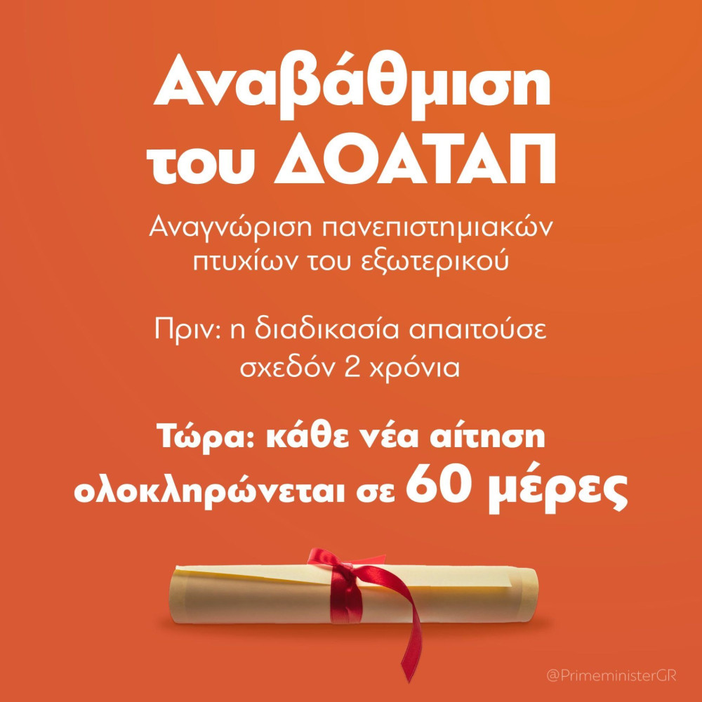 Μητσοτάκης για ΔΟΑΤΑΠ: Μέσα σε 60 ημέρες η αναγνώριση πτυχίων – Μείωση 20% στα παράβολα